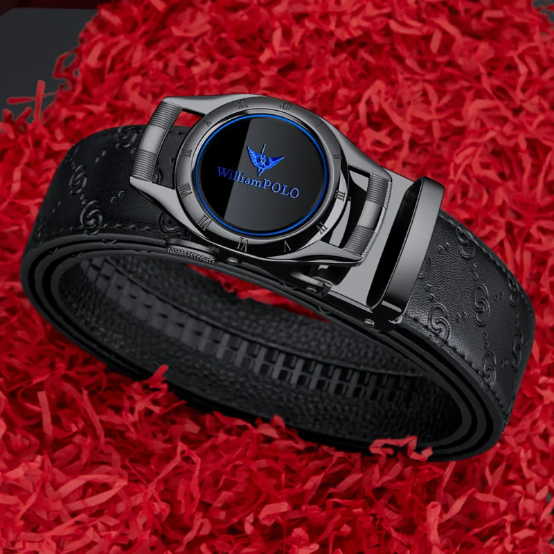 WilliamPOLO Surface Cow Split Leather Sole Cow Leather Leather Belts Men's Gunmetal Buckle Blue Logo 3.5cm-6