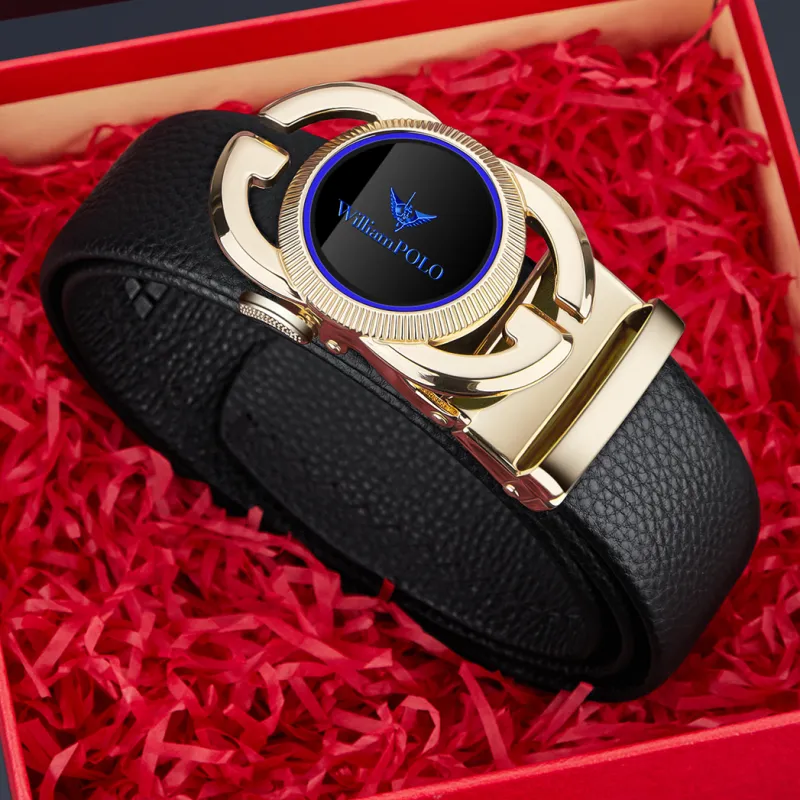 WilliamPOLO Cow Leather Top Grain Cow Leather Leather Belts Men's Gold Tone Lock Blue Logo Width 3.5cm-4