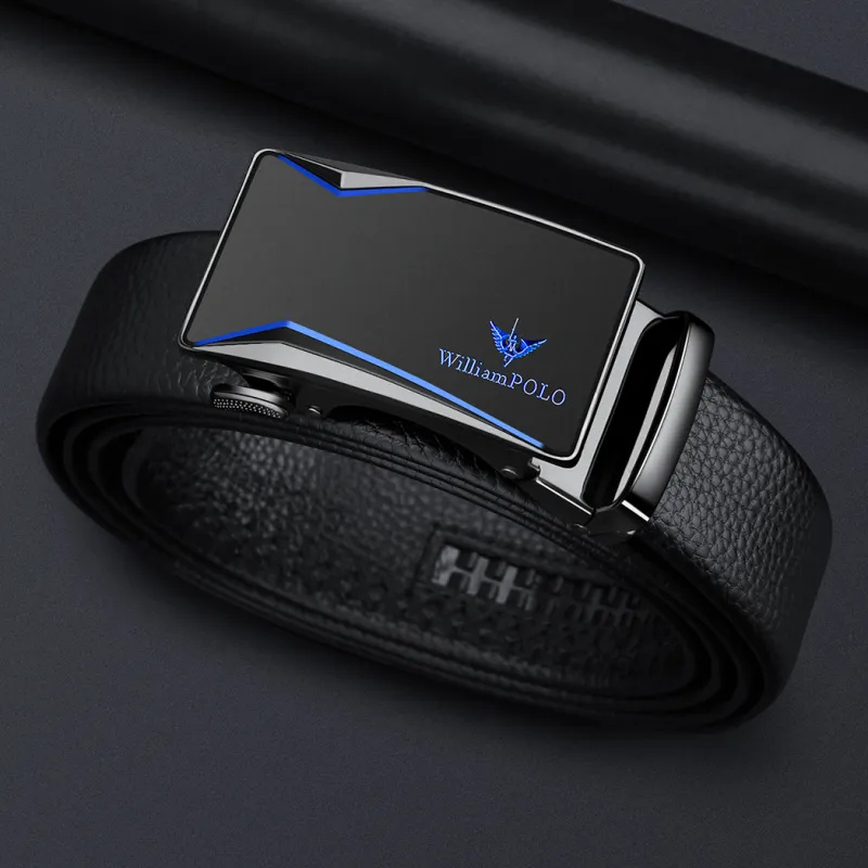 WilliamPOLO Split Cow Leather Leather Belts Men's Gunmetal Buckle Blue Logo/Gold Tone Lock Blue Logo 3.5cm Width-5