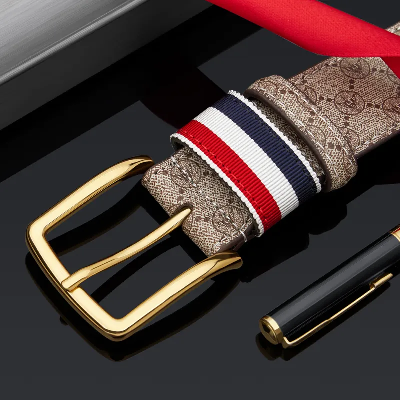 WilliamPOLO Cow Leather Leather Belts Men's Gold Buckle Khaki Strap 3.5cm Width-4