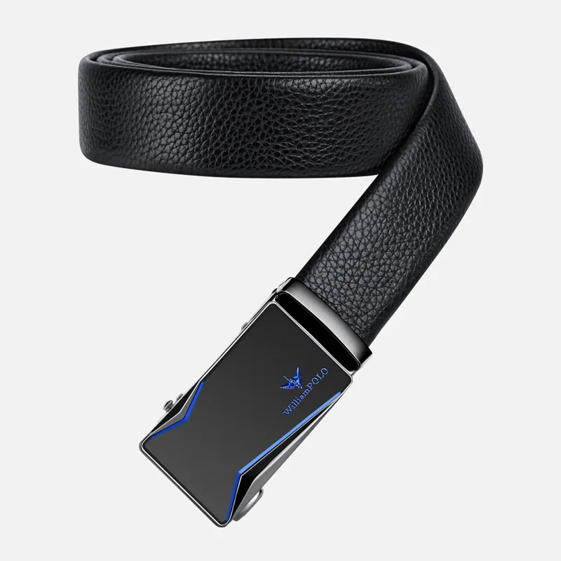 WilliamPOLO Split Cow Leather Leather Belts Men's Gunmetal Buckle Blue Logo/Gold Tone Lock Blue Logo 3.5cm Width-3