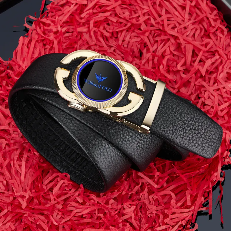 WilliamPOLO Cow Leather Top Grain Cow Leather Leather Belts Men's Gold Tone Lock Blue Logo Width 3.5cm-3