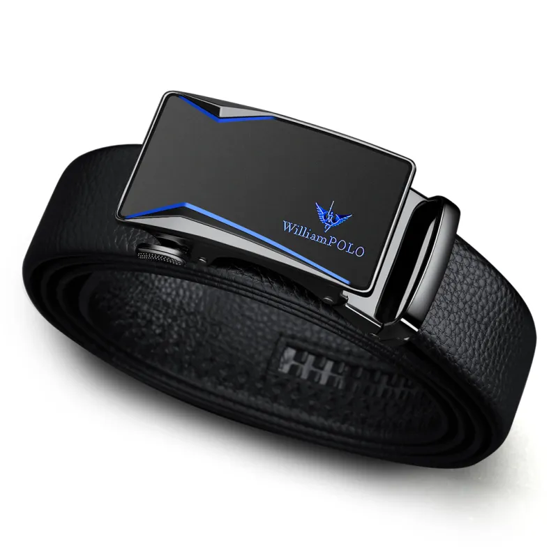 WilliamPOLO Split Cow Leather Leather Belts Men's Gunmetal Buckle Blue Logo/Gold Tone Lock Blue Logo 3.5cm Width-1