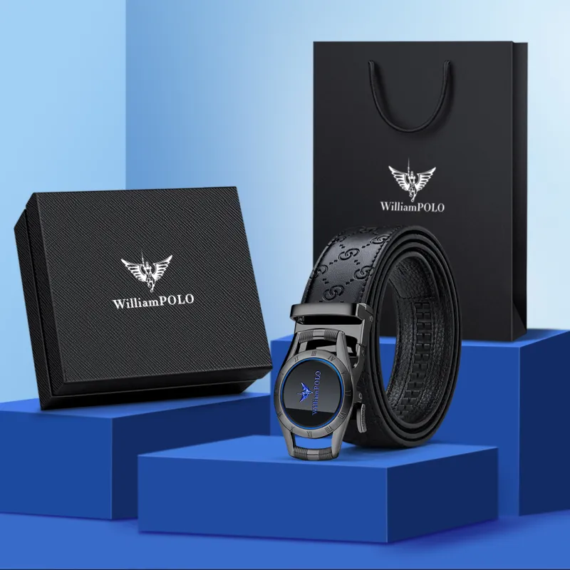 WilliamPOLO Surface Cow Split Leather Sole Cow Leather Leather Belts Men's Gunmetal Buckle Blue Logo 3.5cm-3