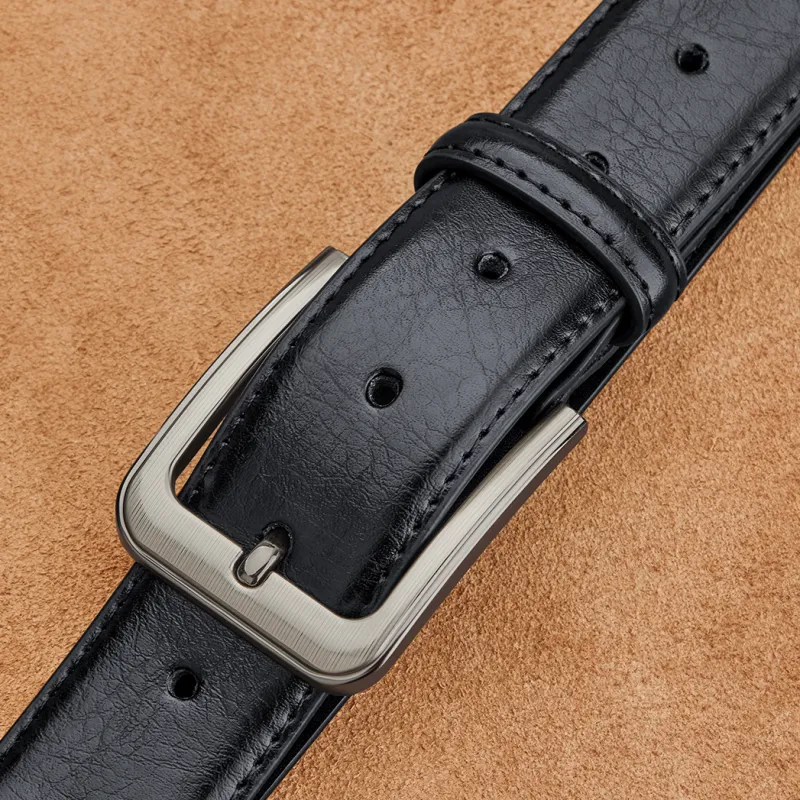 WilliamPOLO Cow Leather Leather Belts Men's Gunmetal Buckle Black Strap 3.4cm Wide-3