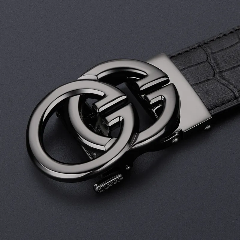 WilliamPOLO Top Grain Cow Leather Belts Men's Gunmetal Automatic Buckle Width 3.5cm-5