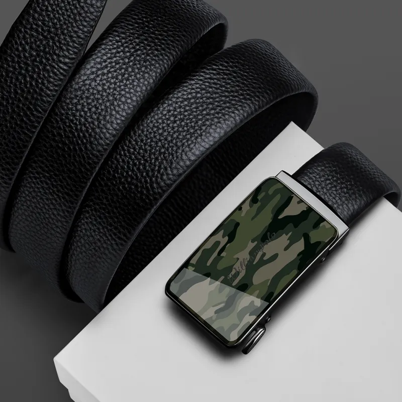WilliamPOLO Split Cow Leather With Molded Pattern Leather Belts Men's Black Gunmetal Width  3.5cm-5