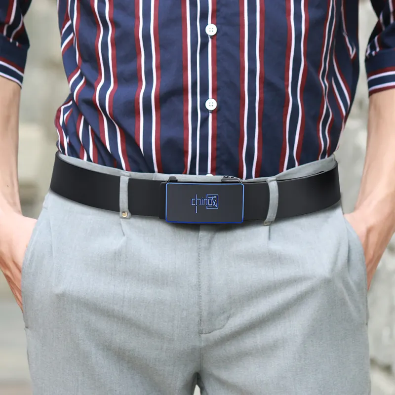 WilliamPOLO Cow Leather Leather Belts Men's Gunmetal Buckle Blue Logo 3.4cm Wide-2
