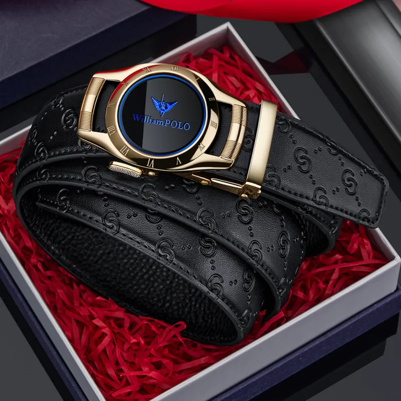 WilliamPOLO Cow Leather Leather Belts Men's Gold Tone Lock Blue Logo Width  3.5cm-5