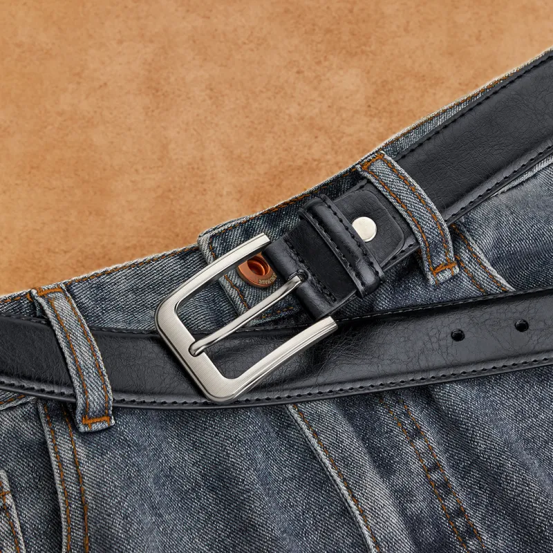 WilliamPOLO Cow Leather Leather Belts Men's Gunmetal Buckle Black Strap 3.4cm Wide-4