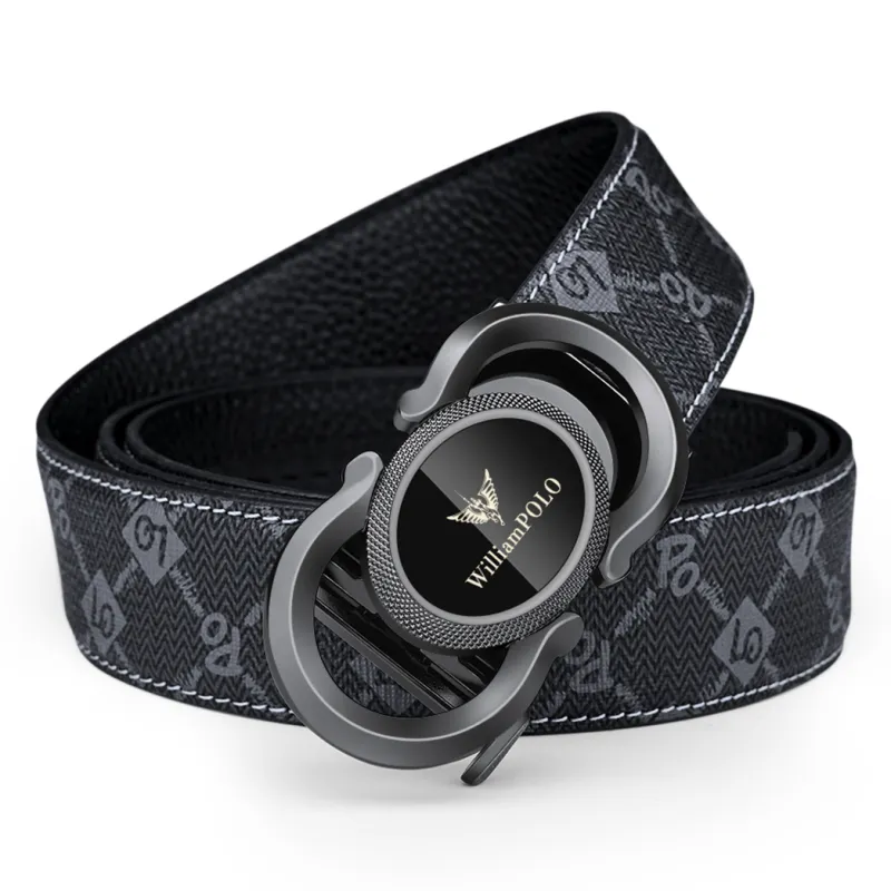 WilliamPOLO PVC Leather Belts Men's Gunmetal Buckle Gold Logo 3.5cm Width-3
