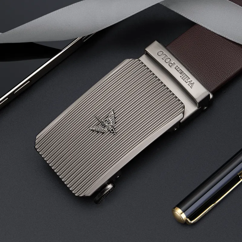 WilliamPOLO Alloy Leather Belts Men's Silver Buckle Coffee Strap 3.5cm Width-5