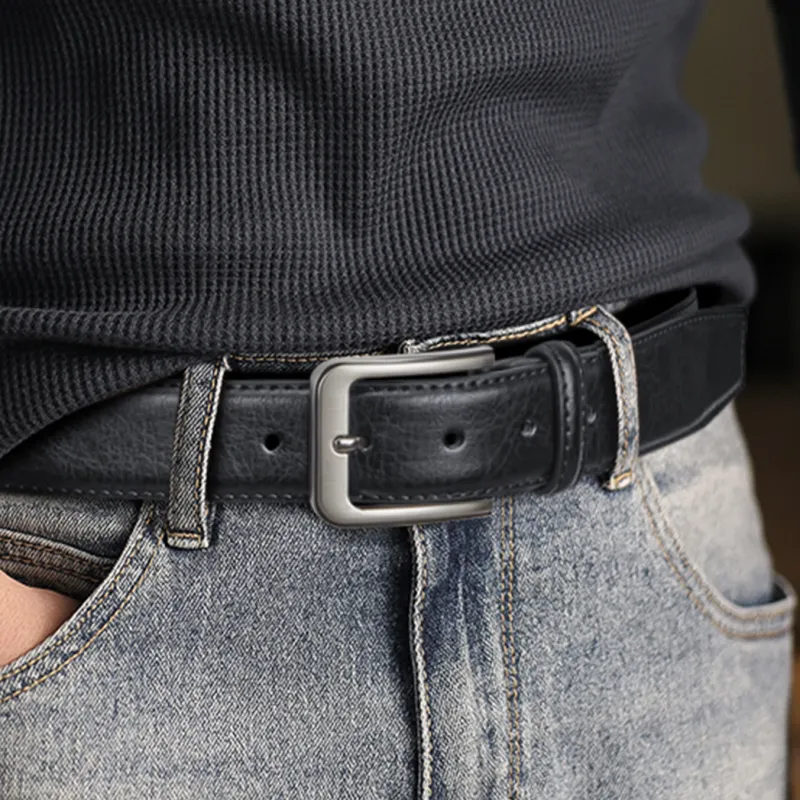 WilliamPOLO Cow Leather Leather Belts Men's Gunmetal Buckle Black Strap 3.4cm Wide-2