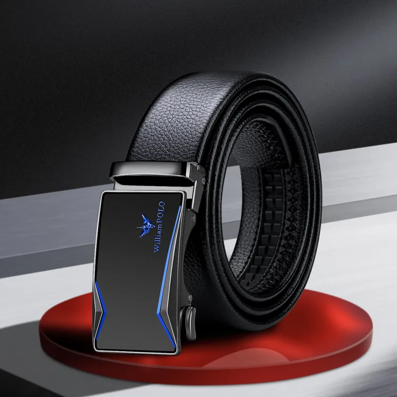 WilliamPOLO Split Cow Leather Leather Belts Men's Gunmetal Buckle Blue Logo/Gold Tone Lock Blue Logo 3.5cm Width-6