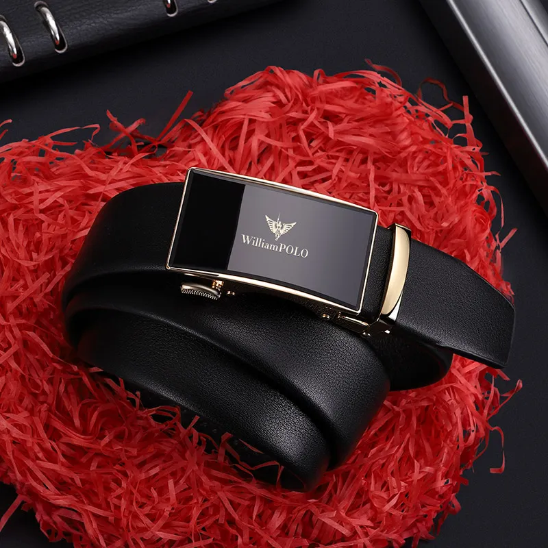 WilliamPOLO Top Grain Cow Leather Leather Belts Men's Gold 3.5cm Width-2
