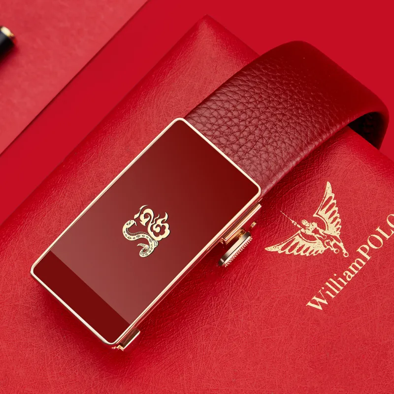 WilliamPOLO Cow Leather Leather Belts Men's Dark Red Width 3.4cm-7