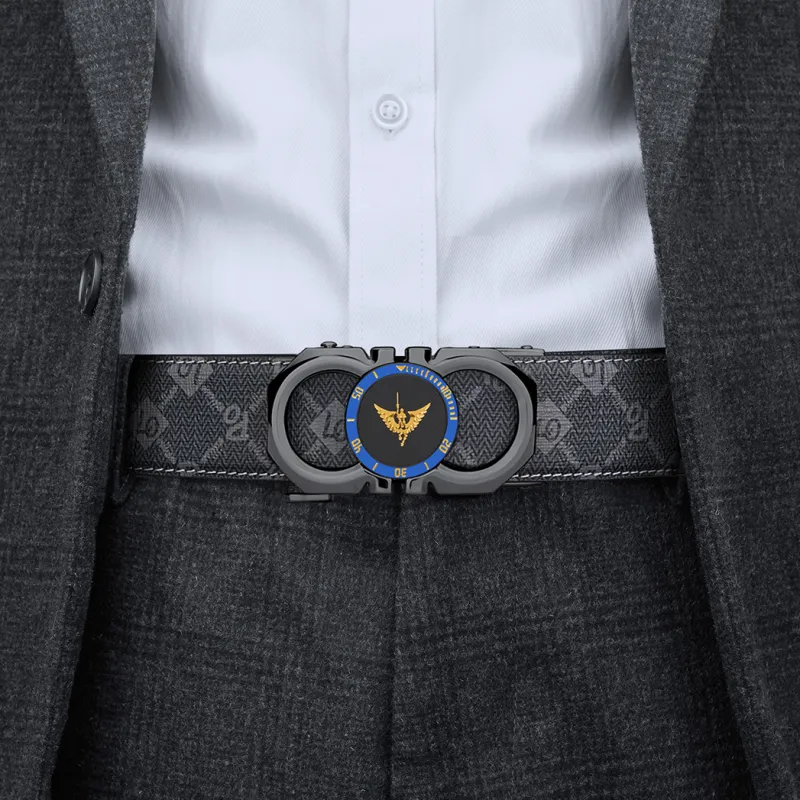WilliamPOLO PVC Leather Belts Men's Gunmetal Buckle Blue Logo Width 3.5cm-5