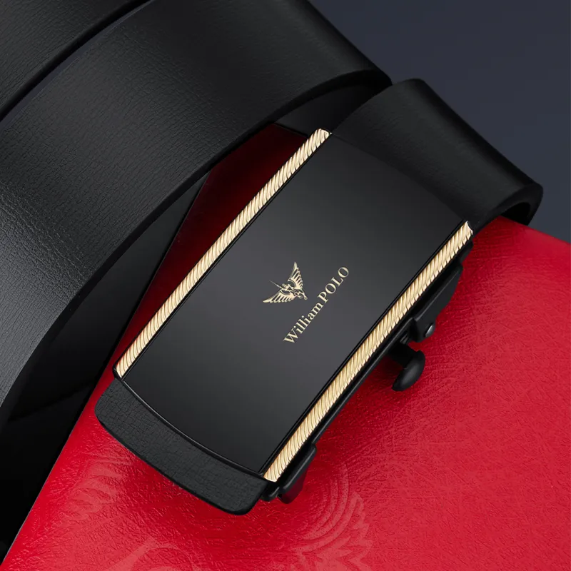 WilliamPOLO Cow Leather Leather Belts Men's Black Buckle Gold Logo 3.4cm Wide-4