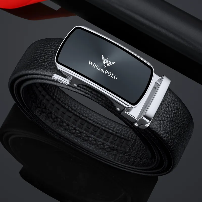 WilliamPOLO Cow Leather Leather Belts Men's Silver Buckle Silver Logo Width  3.5cm-3