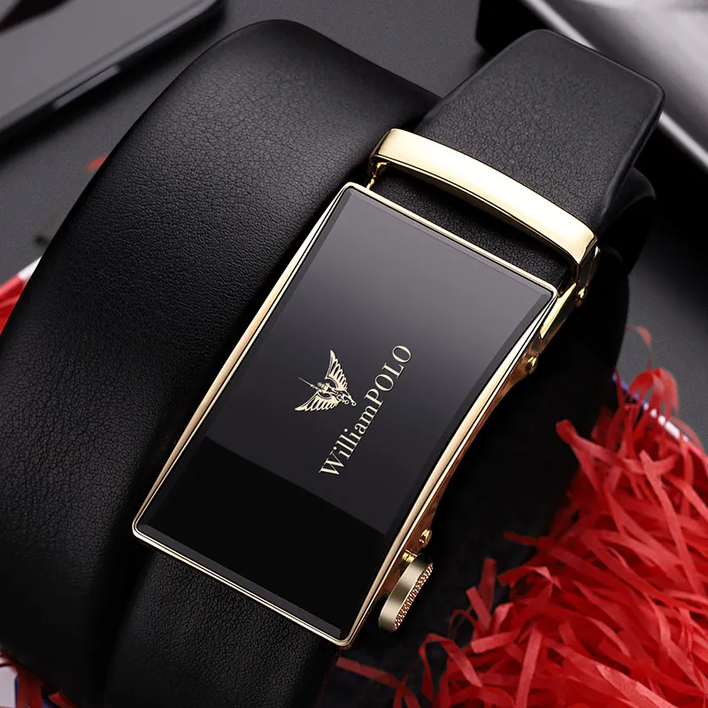 WilliamPOLO Top Grain Cow Leather Leather Belts Men's Gold 3.5cm Width-3
