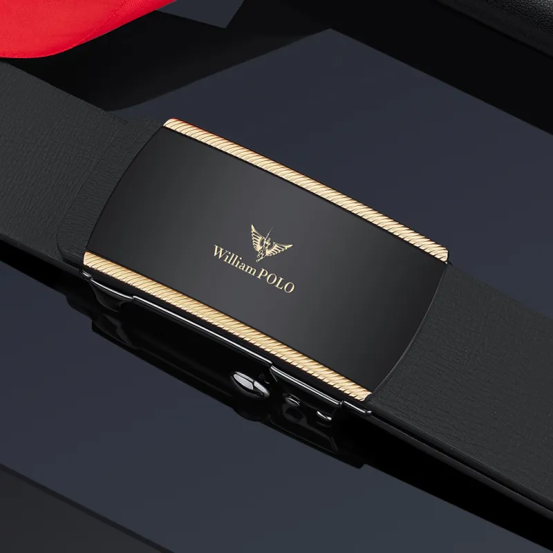WilliamPOLO Cow Leather Leather Belts Men's Black Buckle Gold Logo 3.4cm Wide-6