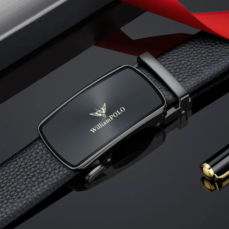 WilliamPOLO Cow Leather Leather Belts Men's Gunmetal Buckle Gold Logo Width  3.5cm-4