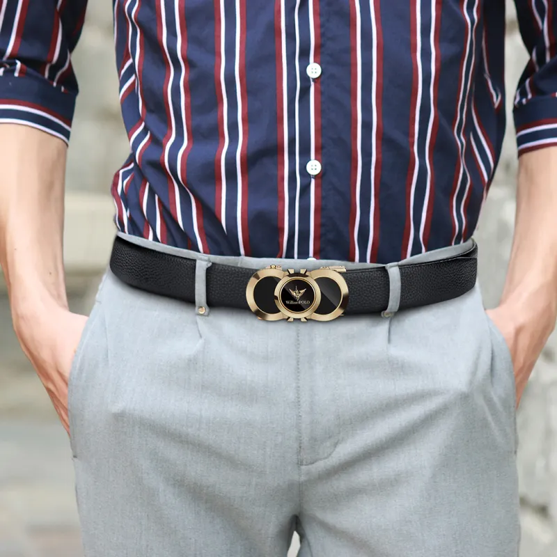 WilliamPOLO Cow Leather Leather Belts Men's Gold Buckle Gold Logo 3.5cm Width-3