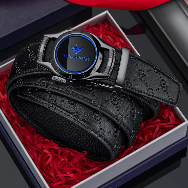 WilliamPOLO Surface Cow Split Leather Sole Cow Leather Leather Belts Men's Gunmetal Buckle Blue Logo 3.5cm-5