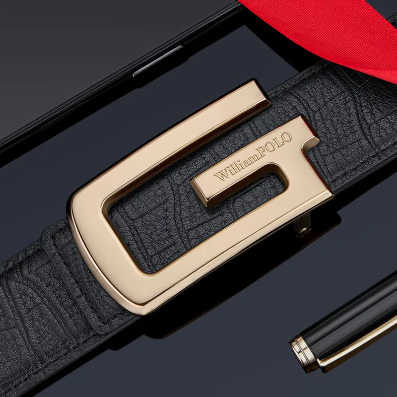 WilliamPOLO Cow Leather Leather Belts Men's Gold 3.5cm Width-3