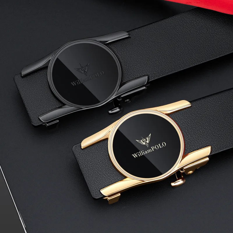 WilliamPOLO Top Grain Cow Leather Leather Belts Men's Gunmetal Gold 3.4cm Wide-7