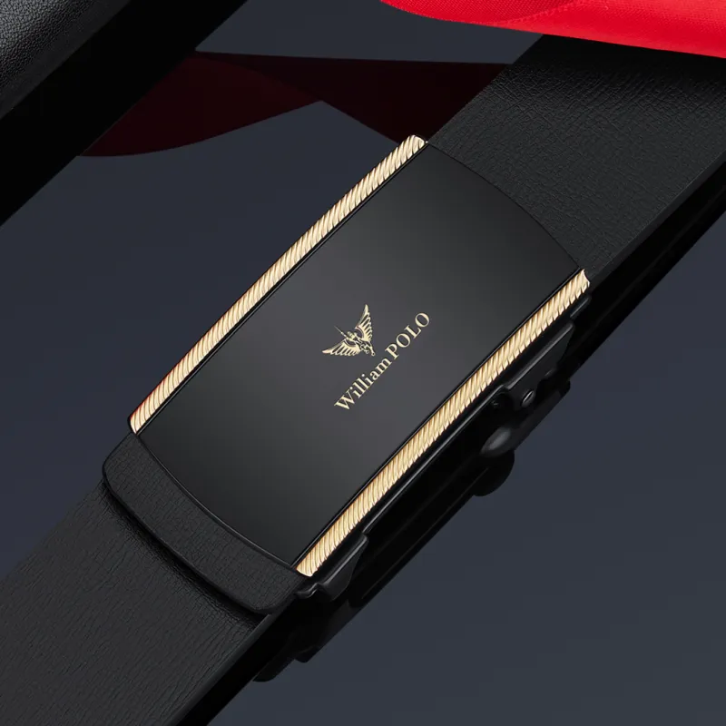 WilliamPOLO Cow Leather Leather Belts Men's Black Buckle Gold Logo 3.4cm Wide-3