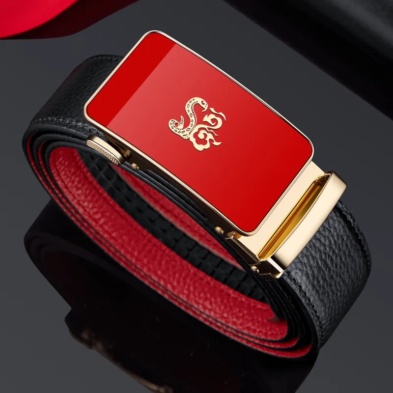 WilliamPOLO Cow Leather Leather Belts Men's Gold Tone Lock/Black Outer And Red Inner With Gunmetal Buckle Width  3.5cm-7