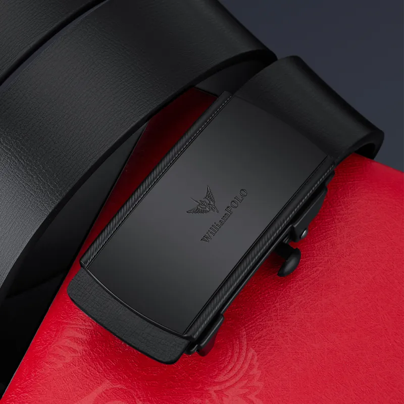 WilliamPOLO Cow Split Leather Cow Leather Leather Belts Men's Black Buckle With Black Logo 3.4cm Wide-5