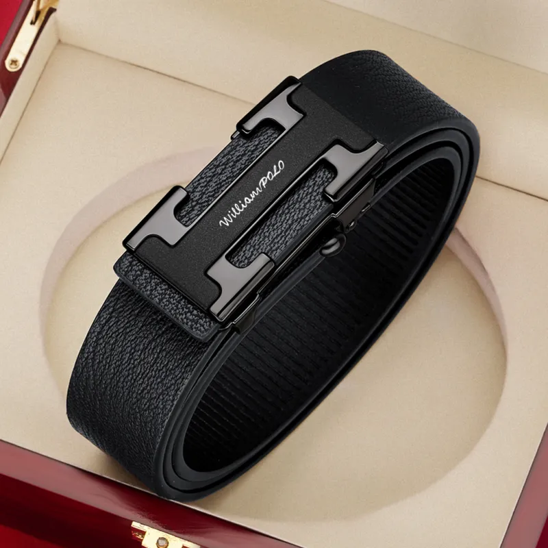 WilliamPOLO Cow Leather Belt Men's Gunmetal 3.4cm Width-5