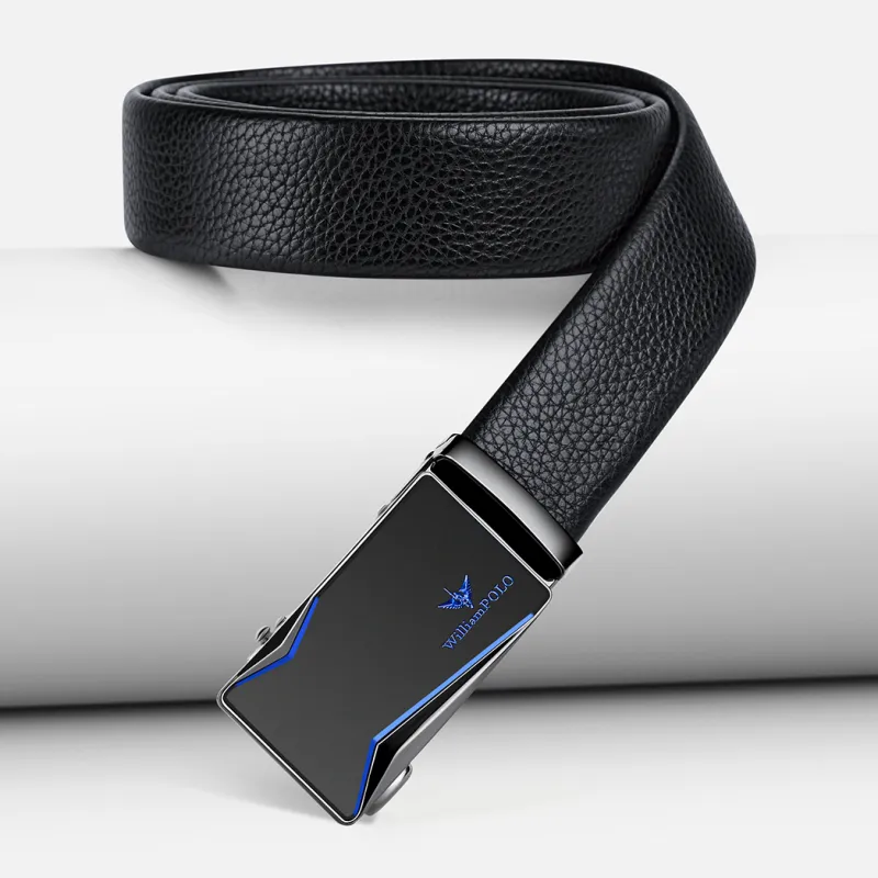WilliamPOLO Split Cow Leather Leather Belts Men's Gunmetal Buckle Blue Logo/Gold Tone Lock Blue Logo 3.5cm Width-4