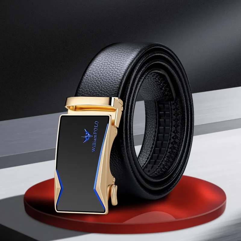 WilliamPOLO Split Cow Leather Leather Belts Men's Gunmetal Buckle Blue Logo/Gold Tone Lock Blue Logo 3.5cm Width-8