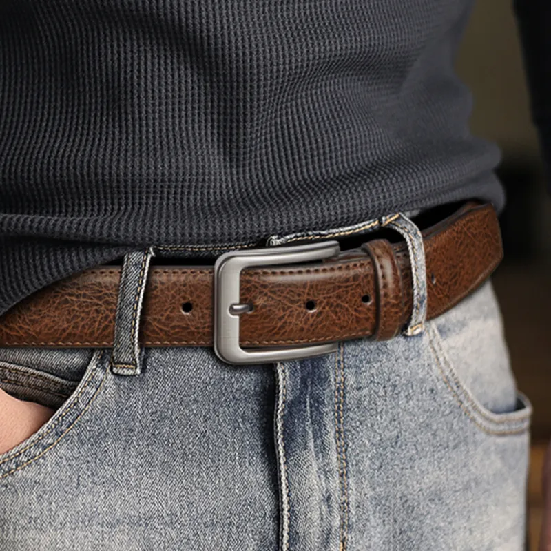 WilliamPOLO Cow Leather Leather Belts Men's Gunmetal Buckle Coffee Strap 3.4cm Wide-6