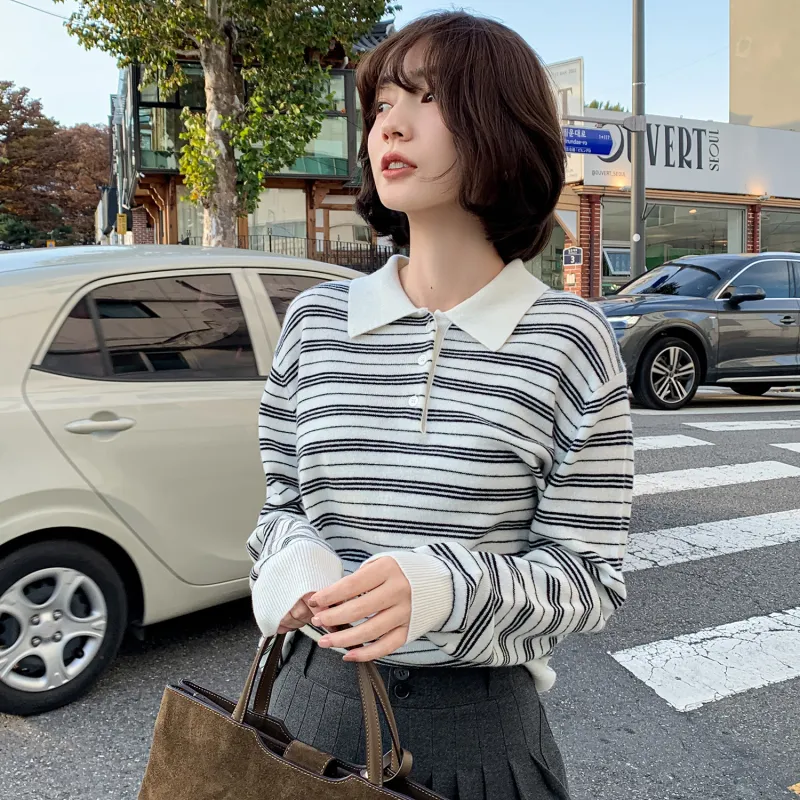 Fstudio Fall And Winter Korean Style 100% Wool Lapel Stripes Base Knitwear Women's Black-3