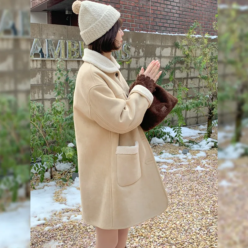 Fstudio Fall And Winter Korean Petite Commute Warm Mid Length Nappa Coat Women's Apricot-3