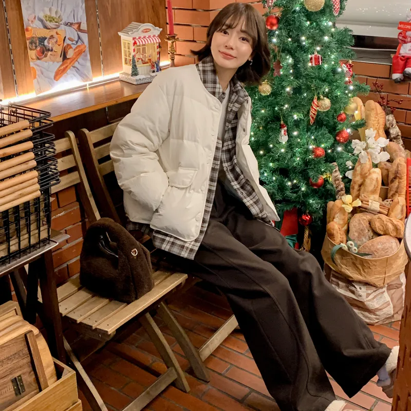 Fstudio Korean Solid Color Plaid Patchwork Design Mock Two Piece Down Jacket Women's Beige-5