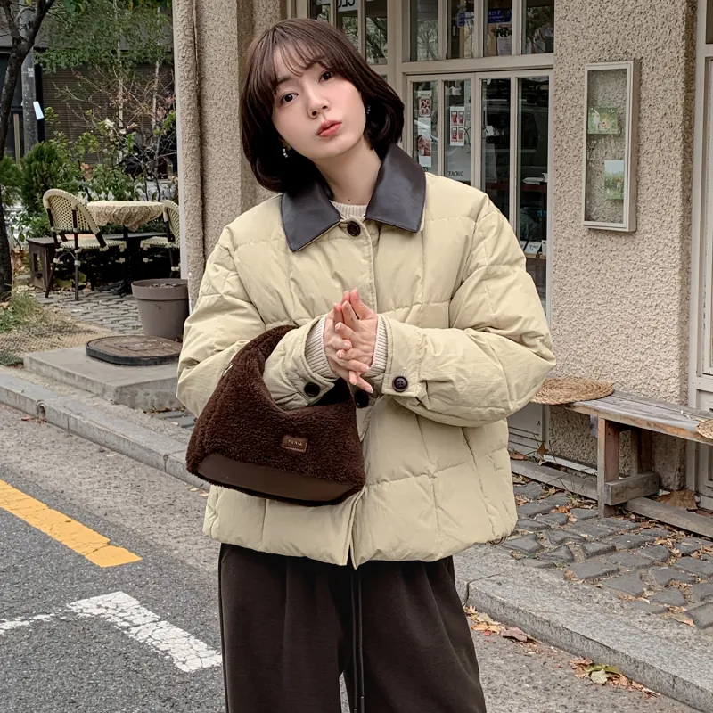 Fstudio Korean Style Color Blocking 90 Fill Power White Duck Down Cropped Down Jacket Coat Women's Khaki-3