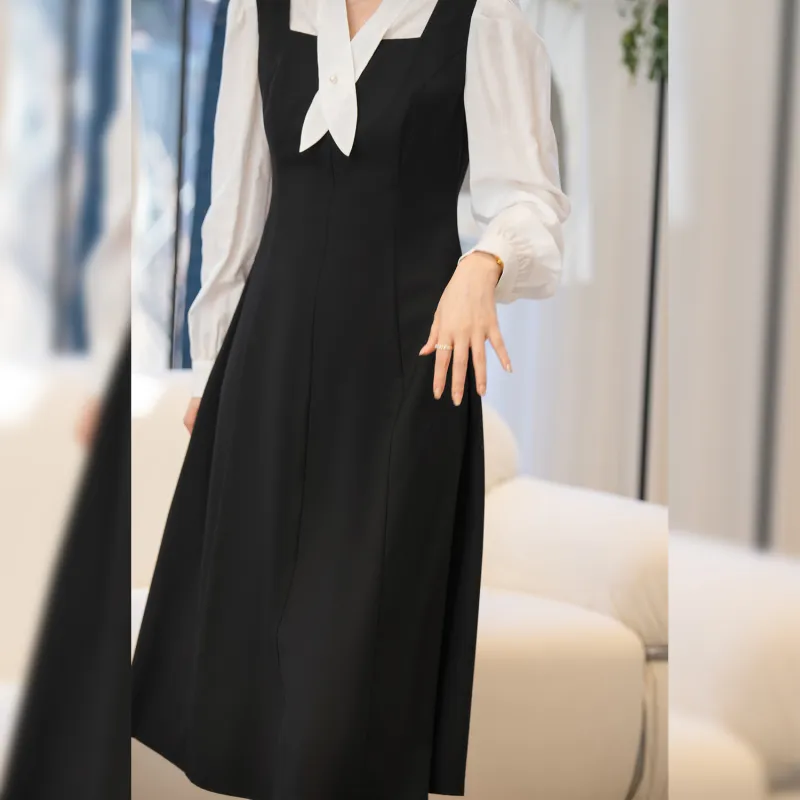Fstudio Korean Style Color Block Mock Two Piece A Line Early Spring Dress Women's Black-2