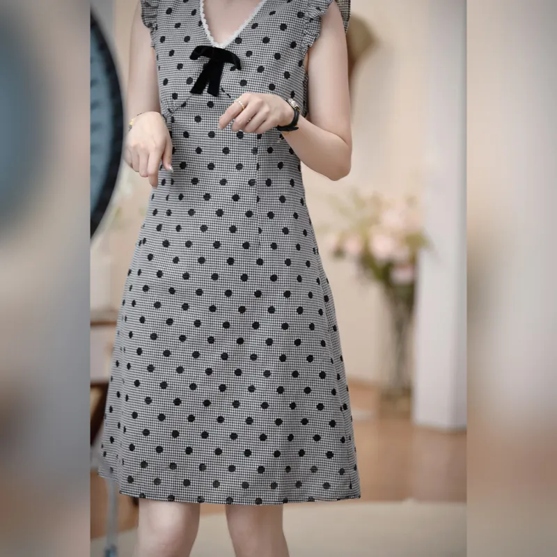 Fstudio Korean Style Hollow Out V Neck Bowknot A Line Sleeveless Dress Women's-3