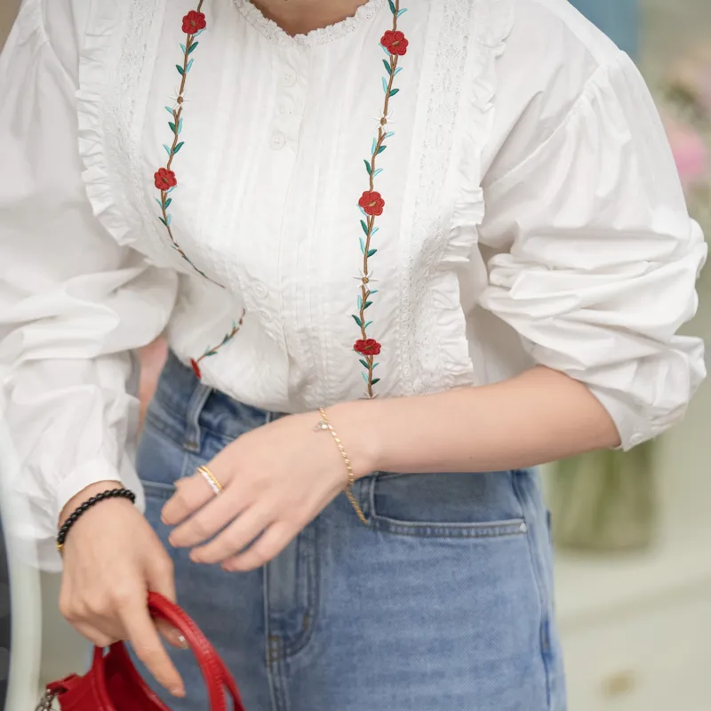 Fstudio Spring Korean Style Design Floral Ruffle Shirt Women's White-2