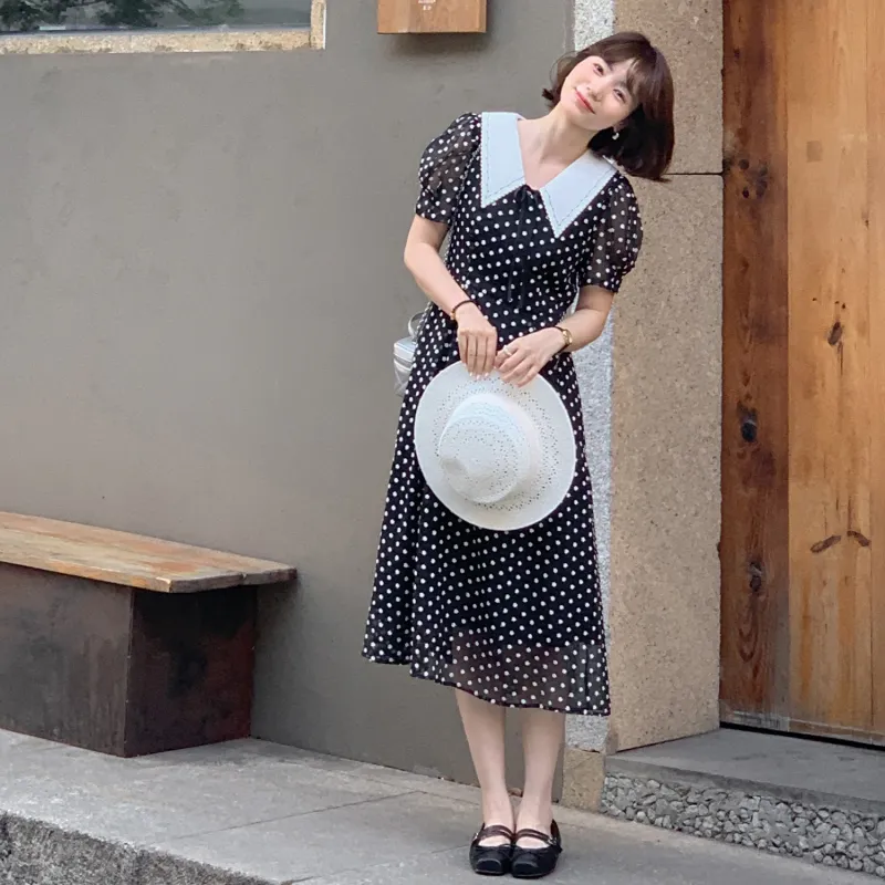 Fstudio Summer Korean Style Soft And Elegant Fashion Polka Dot Short Sleeved Dress Women's-6