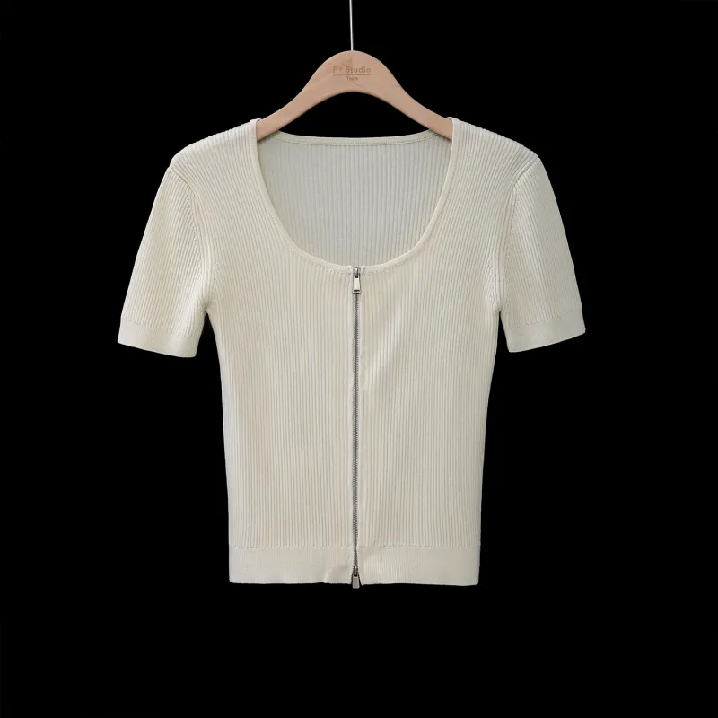 Fstudio Cropped Short Sleeved Knitwear Women's Apricot-2