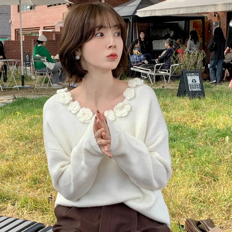 Fstudio Korean Style Laid Back Solid Color Commute Floral Base Sweater Inner Layer Women's White-2