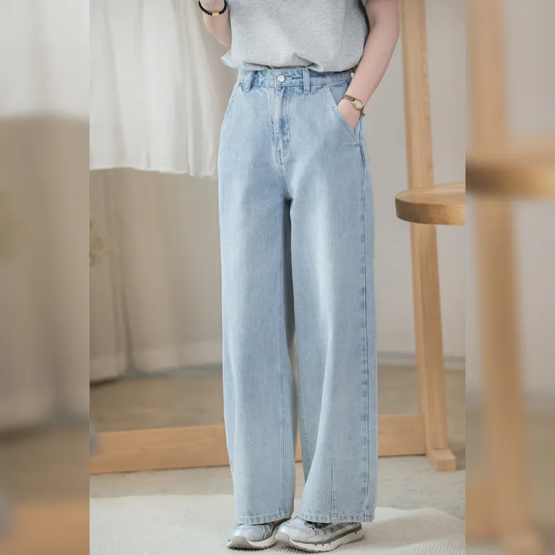 Fstudio Korean Style Light Tone Fashion Casual Straight Fit Jeans Women's Blue-3