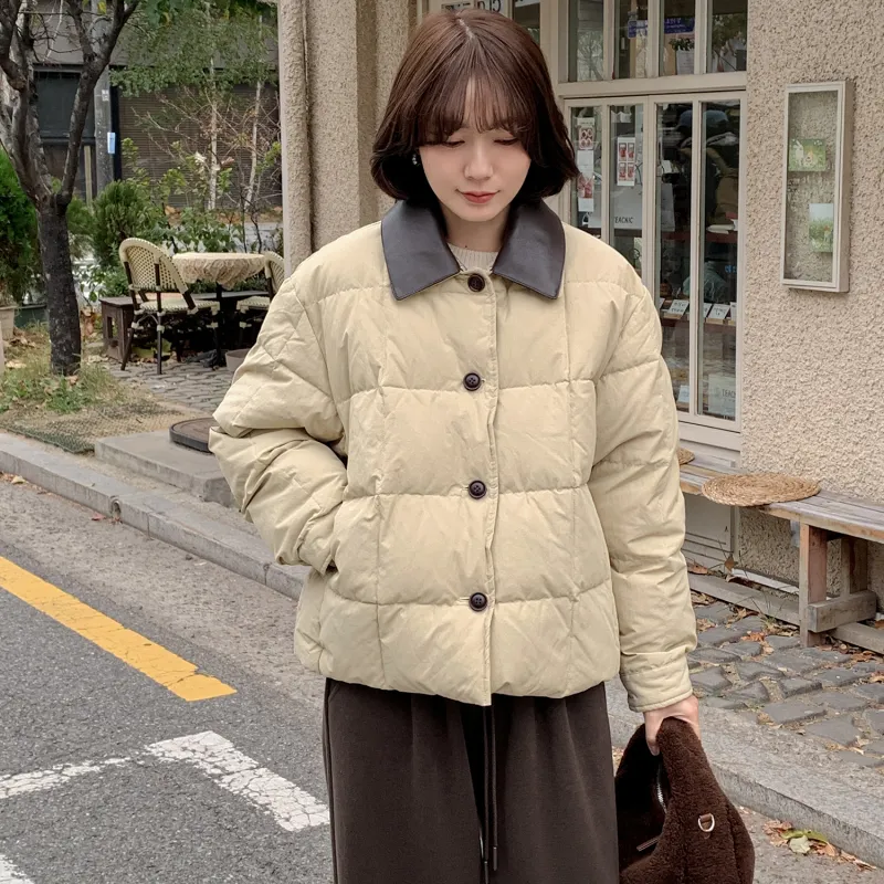 Fstudio Korean Style Color Blocking 90 Fill Power White Duck Down Cropped Down Jacket Coat Women's Khaki-2