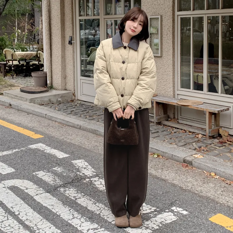 Fstudio Korean Style Color Blocking 90 Fill Power White Duck Down Cropped Down Jacket Coat Women's Khaki-4